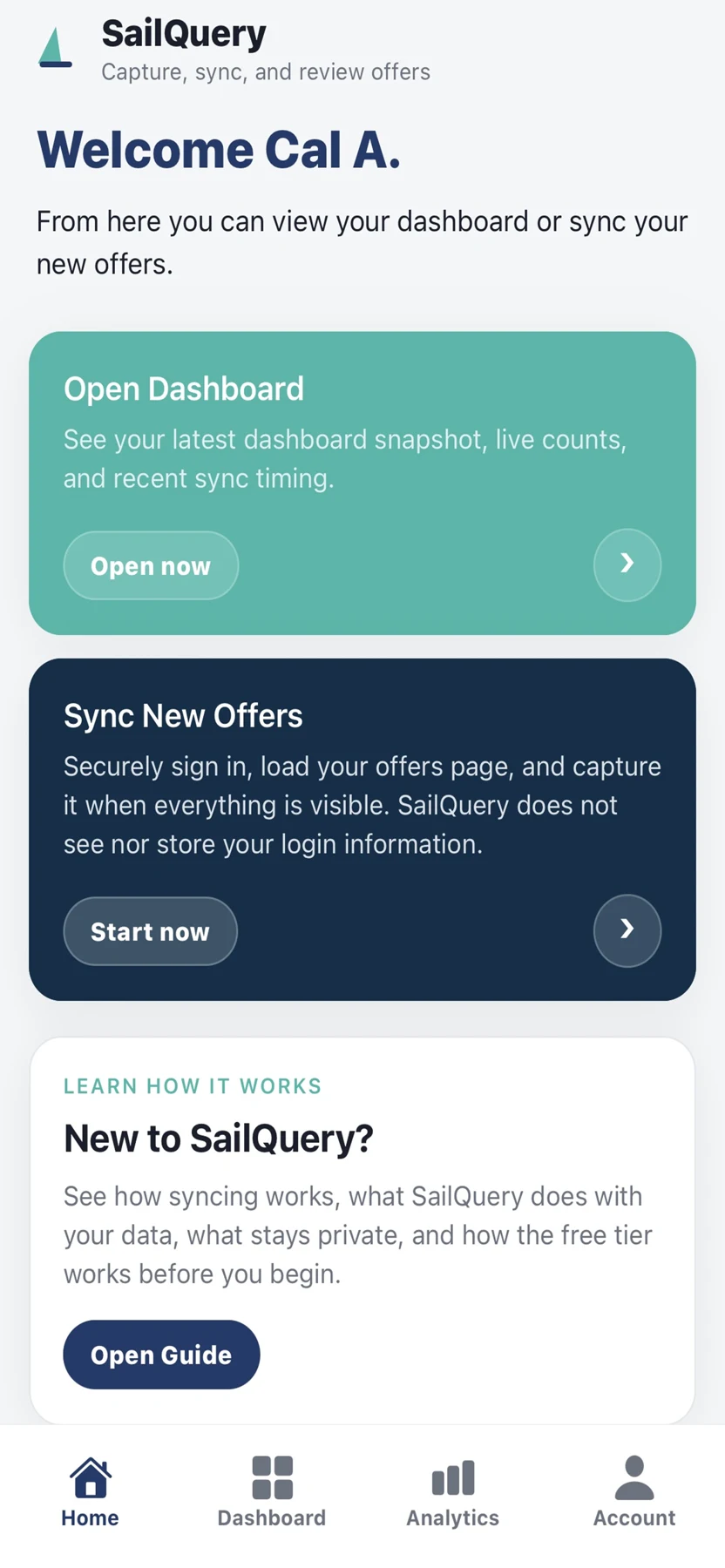 Actual SailQuery home screen
